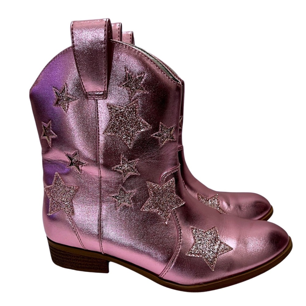 Metallic Pink Glitter Star Cowboy Boots Pull On Stacked Heel Big Girl's Size 5